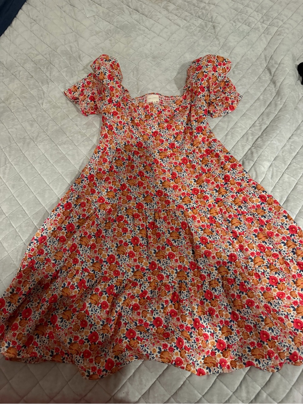 MELLODAY Floral Puff Sleeve Summer Dress in Red & Orange